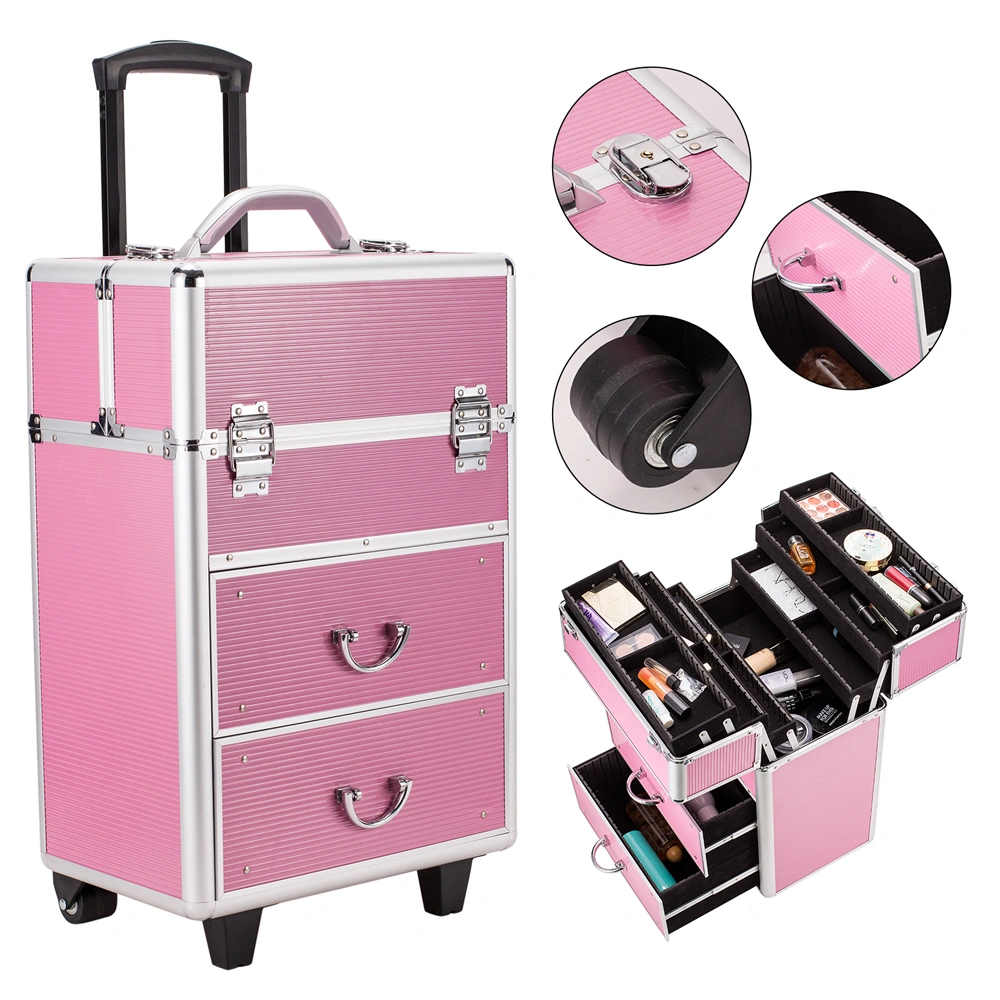 4-Tier Lockable Cosmetic Makeup Train Case with Extendable Trays Organizer - Pink view 9