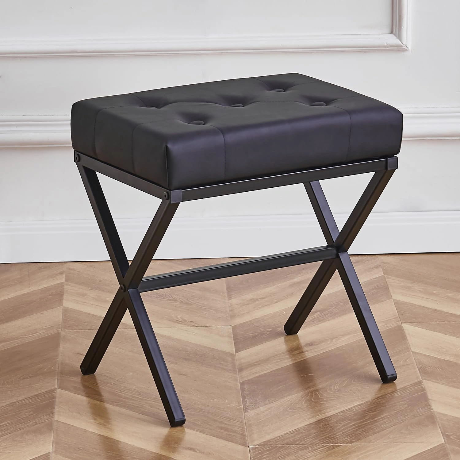 Tufted Ottoman Foot Stool White Faux Leather Thickened Cushion Vanity Seat with Metal X Legs for Living Room Bedroom