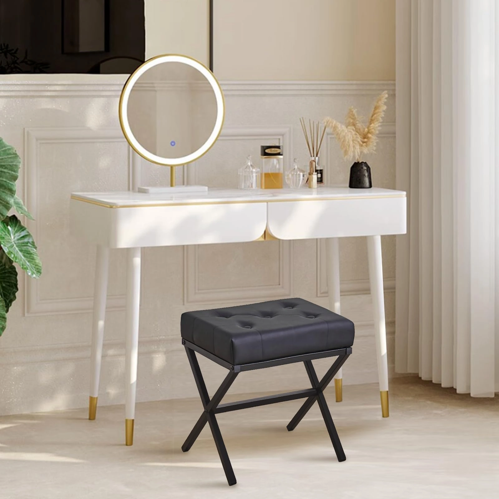 Tufted Ottoman Foot Stool White Faux Leather Thickened Cushion Vanity Seat with Metal X Legs for Living Room Bedroom view 2