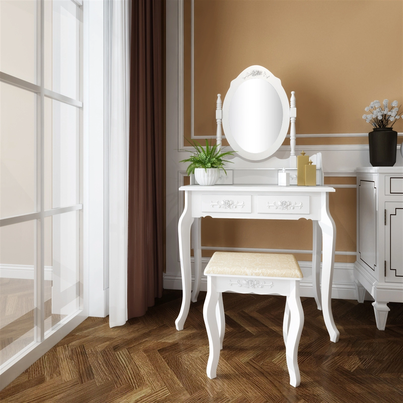 Modern White 4-Drawer Dresser with Removable Mirror, 360° Rotating Design, Bedroom Vanity Table - Model 32759839 view 2