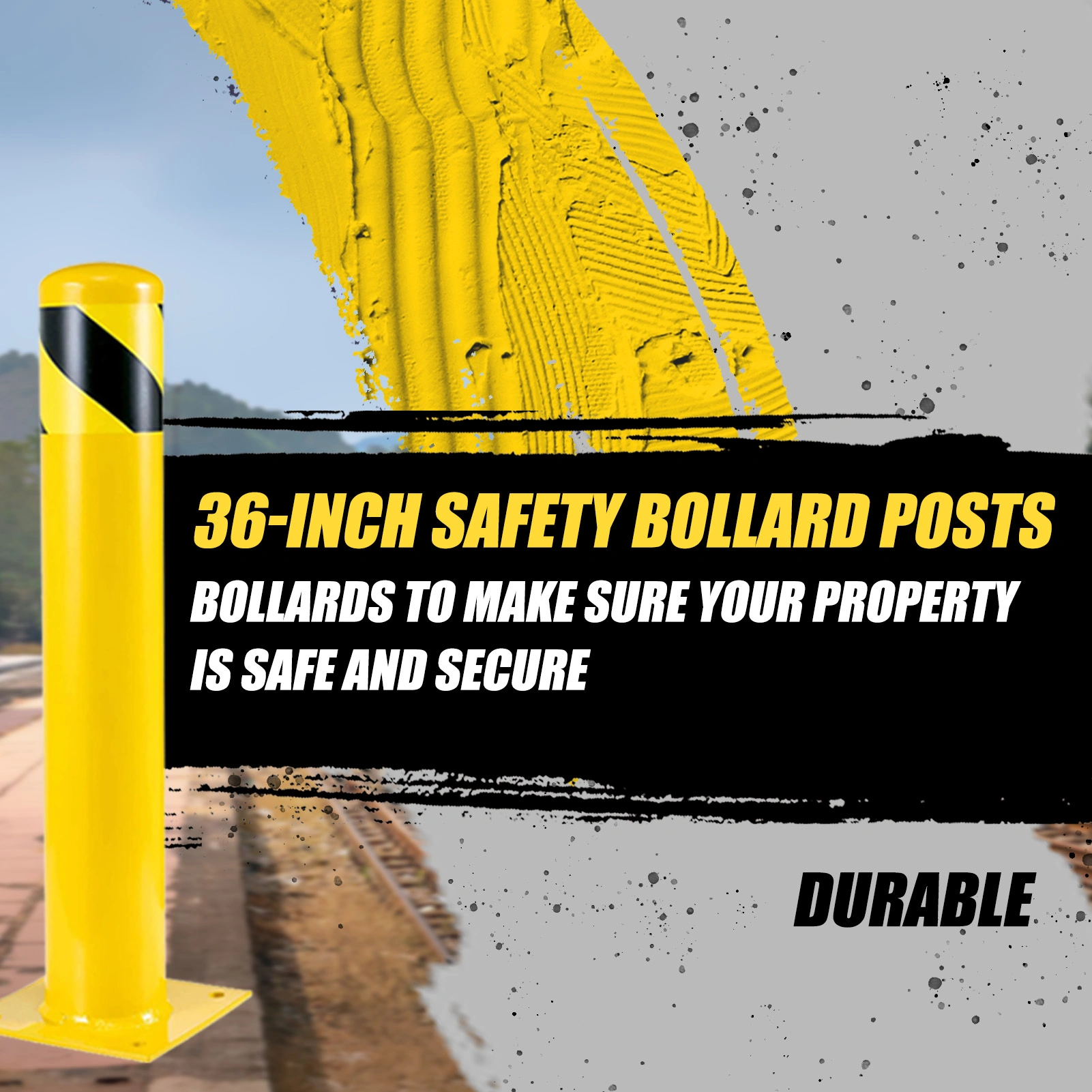 Safety Bollard Post 91cm Height Steel 11.4cm Diameter Parking Bollard Yellow Powder Coated Barrier Post for Traffic Sensitive Areas 2PCS view 3