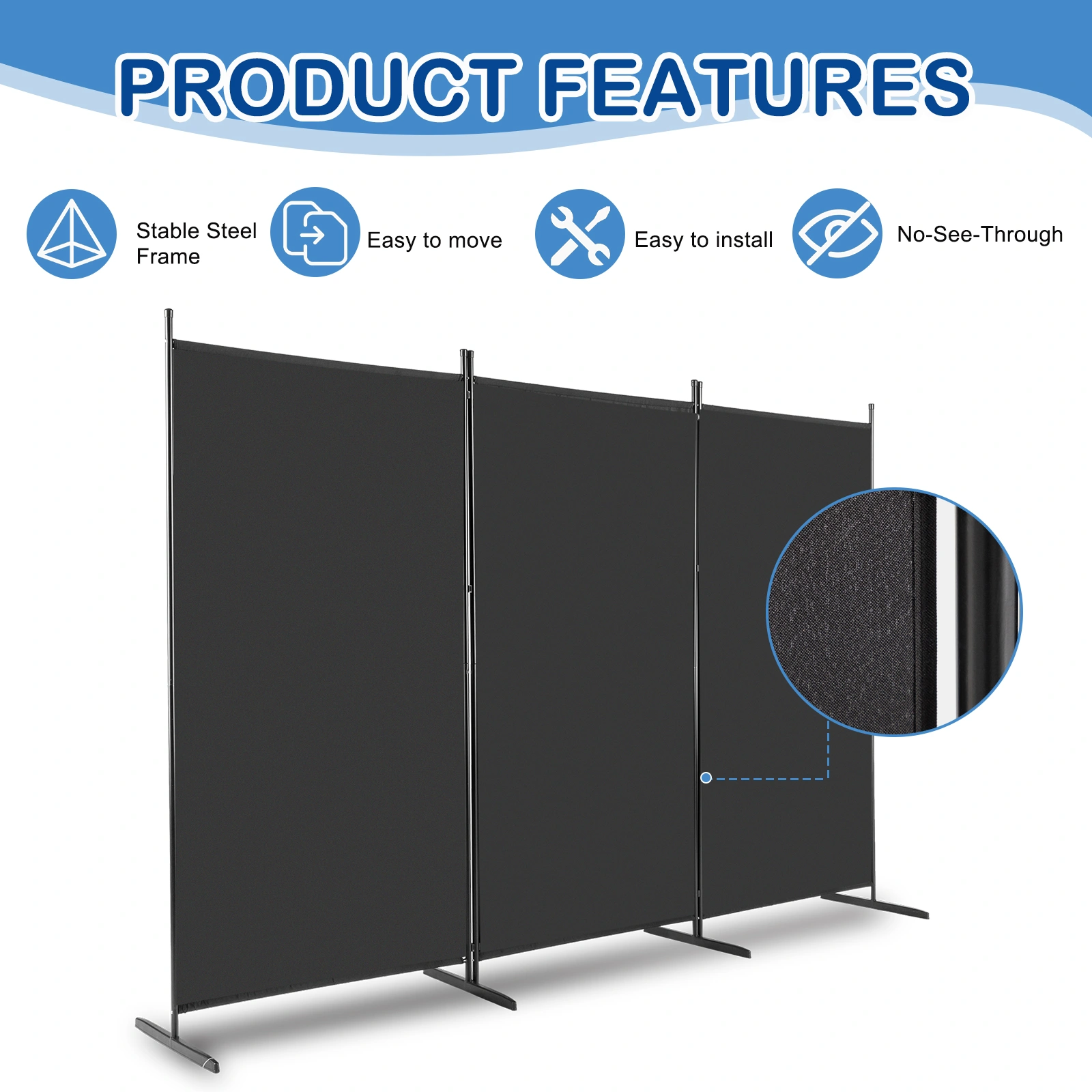 6FT Trifold 160g Polyester Fabric Plastic Foot Carbon Steel Frame Foldable Screen Black view 3