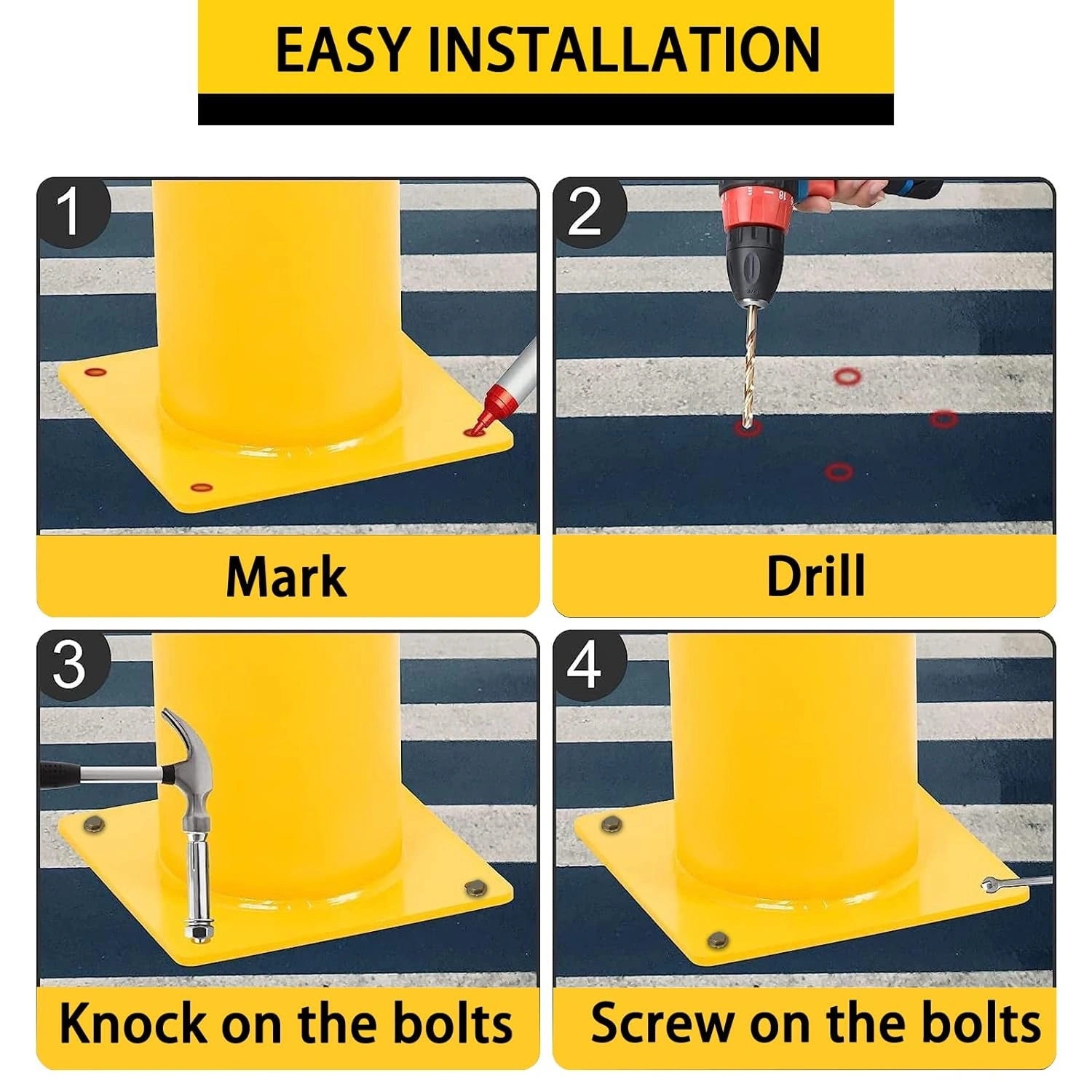 Steel Safety Bollards Yellow Powder Coated Parking Barrier Post Heavy Duty High Traffic Area Anti-Collision Posts Outdoor Industrial Grade view 6