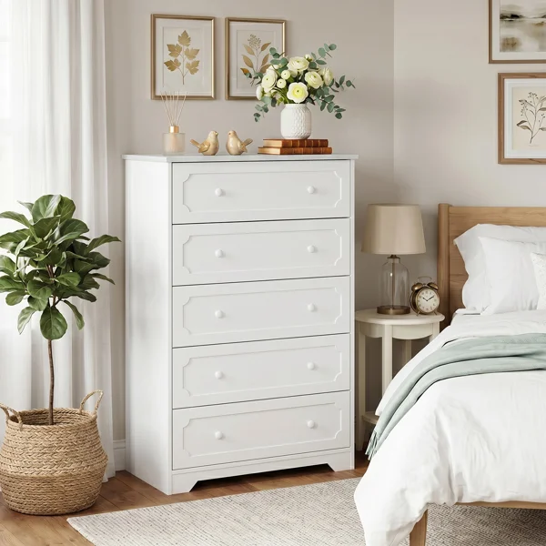 5-Drawer Cabinet with Solid Wood Veneer and Paint P2 MDF + P2 Particleboard Storage Cabinet 31.3*15.55*47.24in White