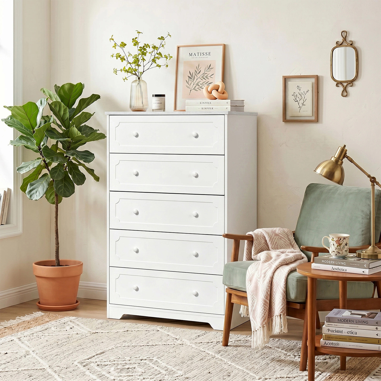 5-Drawer Cabinet with Solid Wood Veneer and Paint P2 MDF + P2 Particleboard Storage Cabinet 31.3*15.55*47.24in White view 12