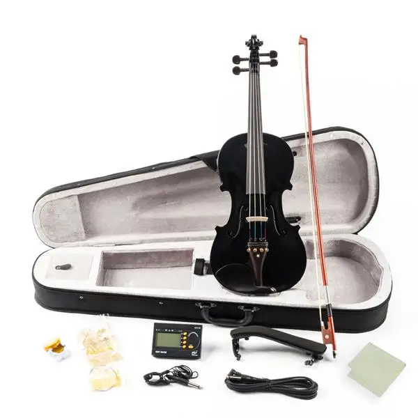 GV102 4/4 Solid Wood EQ Violin Case Bow Violin Strings Shoulder Rest Electronic Tuner Connecting Wire Cloth Black view 2