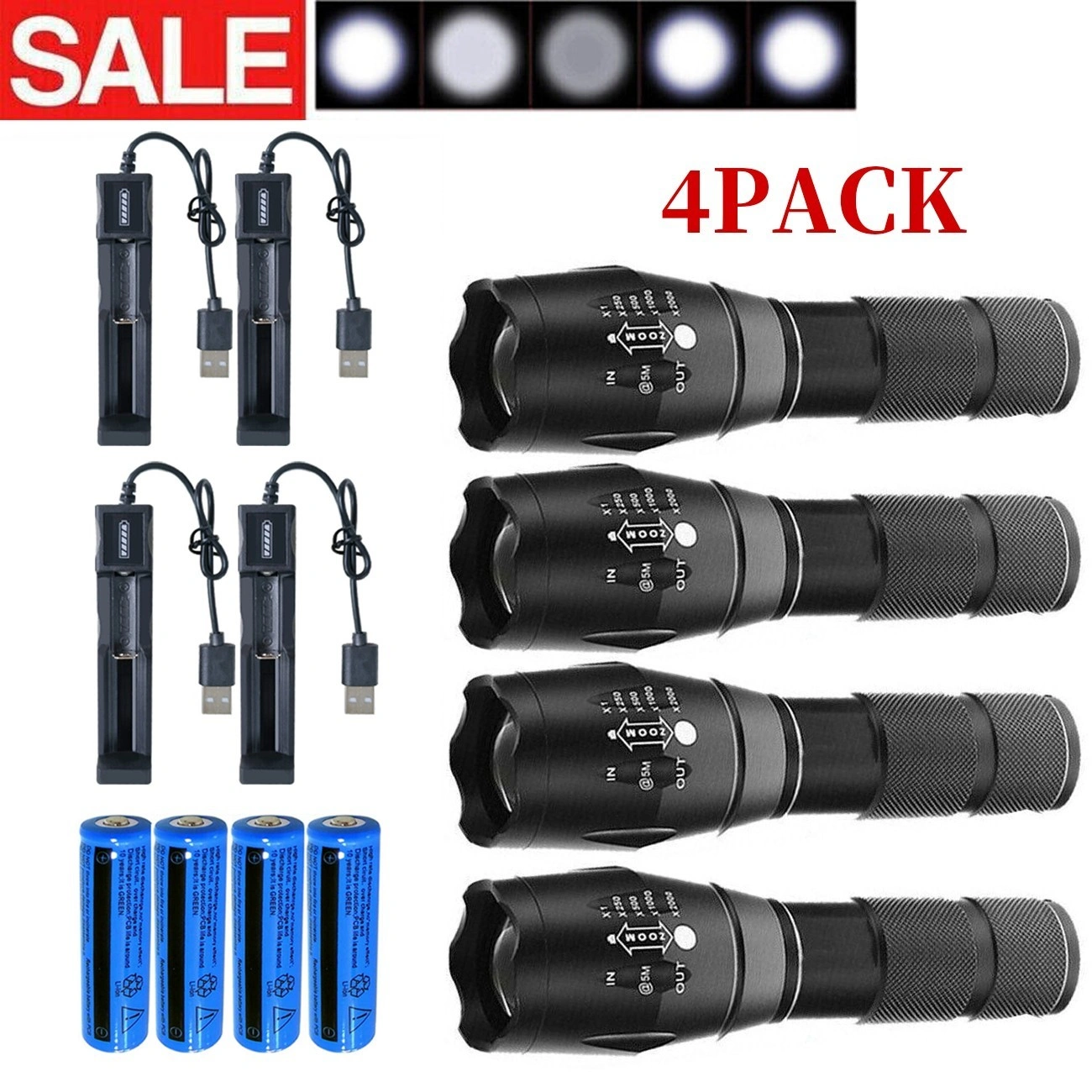 4 Pack USB Rechargeable LED Flashlight Adjustable Focus 5-Mode Outdoor with Battery Charger
