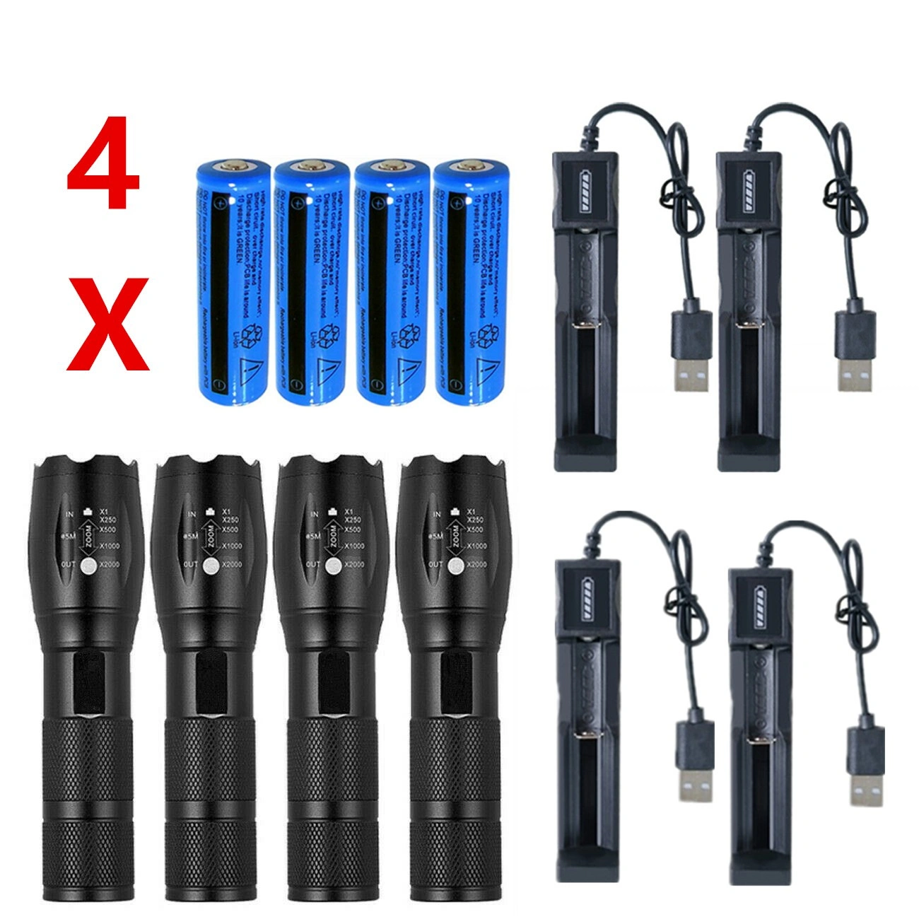 4 Pack USB Rechargeable LED Flashlight Adjustable Focus 5-Mode Outdoor with Battery Charger view 5