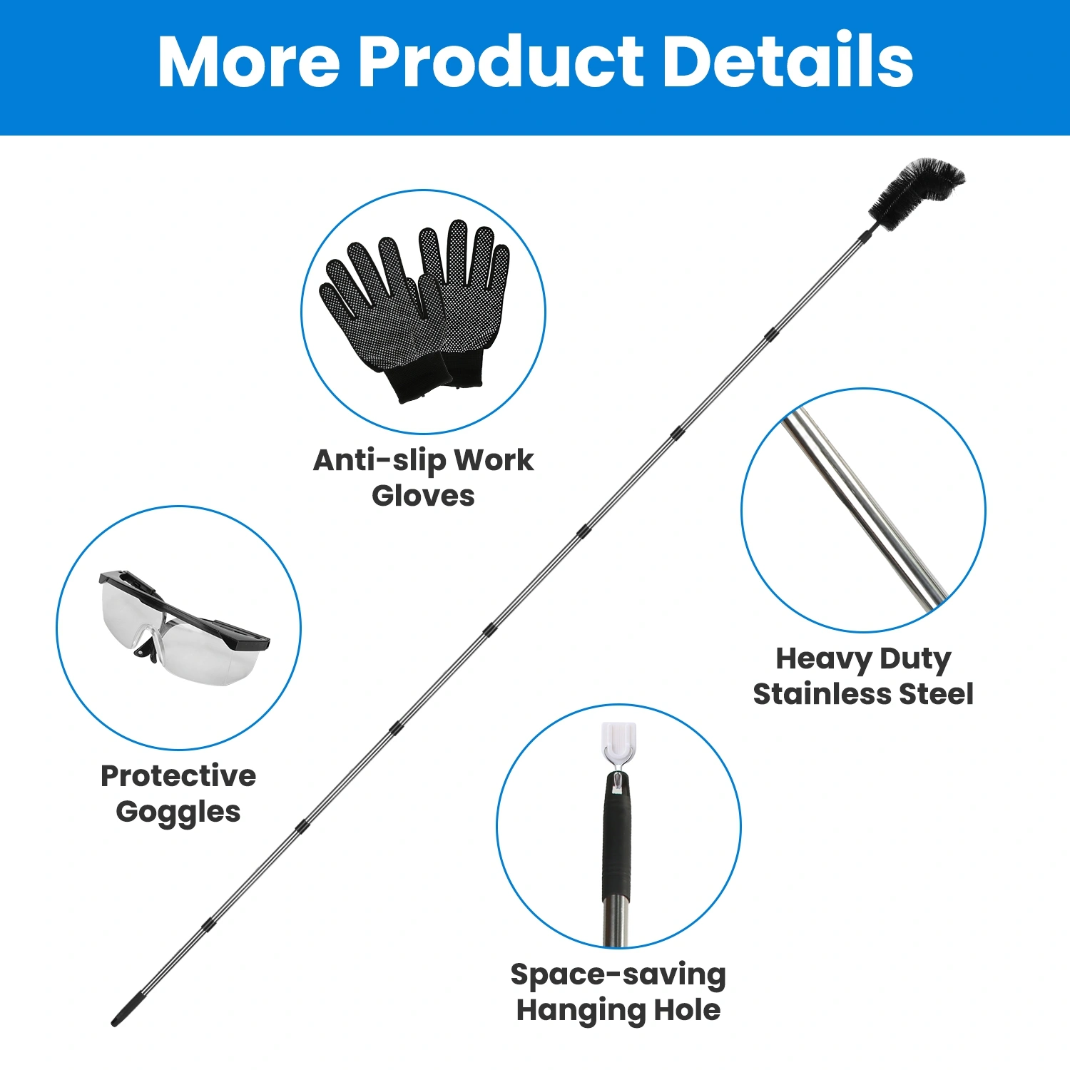 10.5FT Gutter Cleaning Brush With Telescoping Handle Rain Gutter Cleaner Extendable Gutter Cleaning Tool From The Ground with 2 Angled Brushes Anti-slip Gloves Goggles view 7