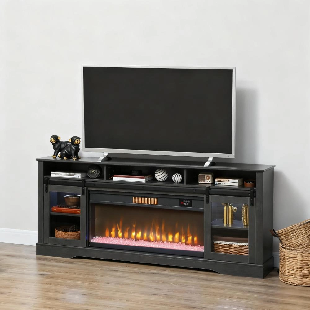 Modern TV Stand Cabinet with Storage Shelf, Media Console for Living Room, Black Wood Grain Finish