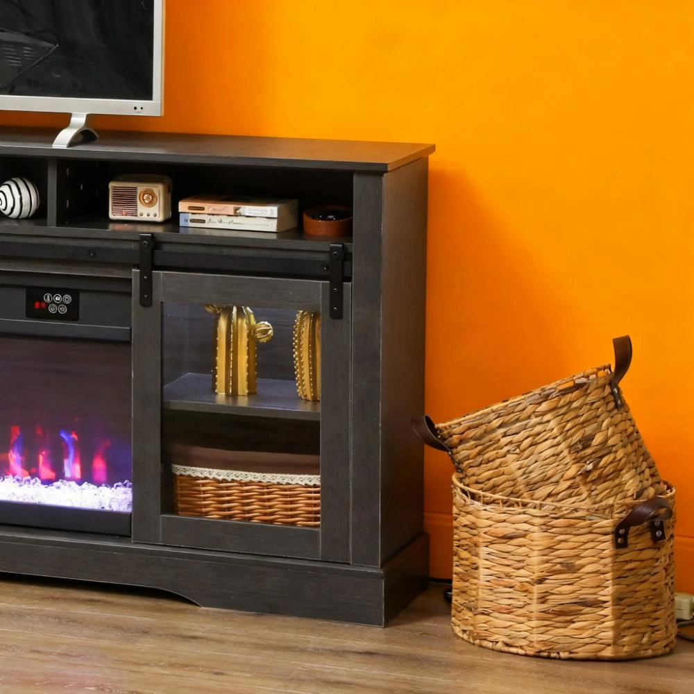 Modern TV Stand Cabinet with Storage Shelf, Media Console for Living Room, Black Wood Grain Finish view 6