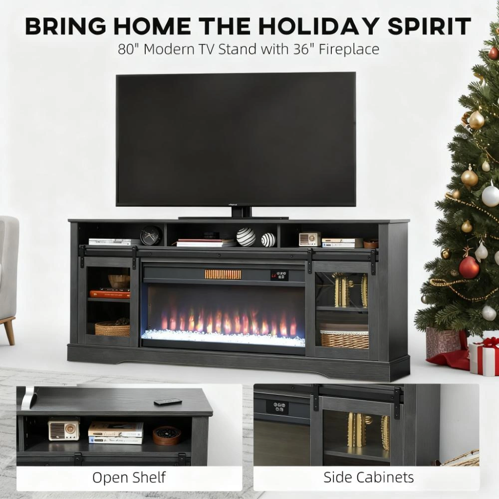 Modern TV Stand Cabinet with Storage Shelf, Media Console for Living Room, Black Wood Grain Finish view 7