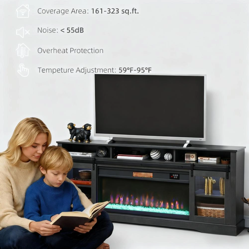 Modern TV Stand Cabinet with Storage Shelf, Media Console for Living Room, Black Wood Grain Finish view 8