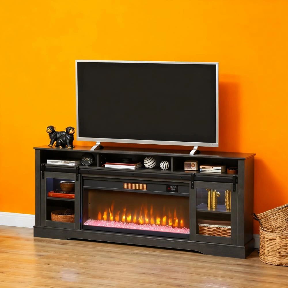 Modern TV Stand Cabinet with Storage Shelf, Media Console for Living Room, Black Wood Grain Finish view 9