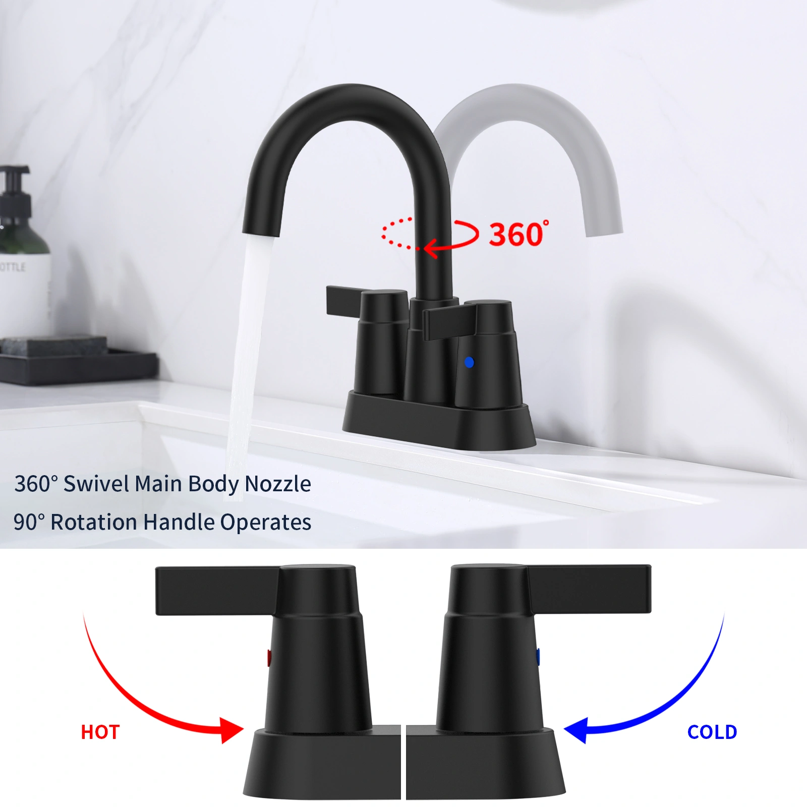 Bathroom Faucet Matte Black 2-Handle Bathroom Sink Faucet 360 Degree High Arc Swivel Spout Centerset 4 Inch Vanity Faucet Bathroom Faucet 3 Holes[Unable ship on weekends, TK/TEMU only for pickup, only TX10643 warehouse supports GOFO] view 3