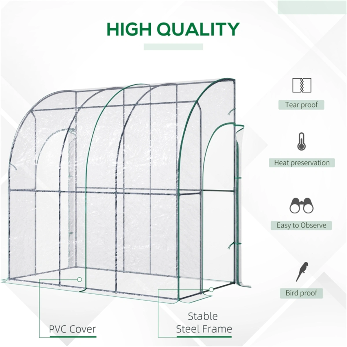 Walk-In Lean-To Greenhouse Tunnel, Wall-Mounted Polythene Green House with Zipper Door