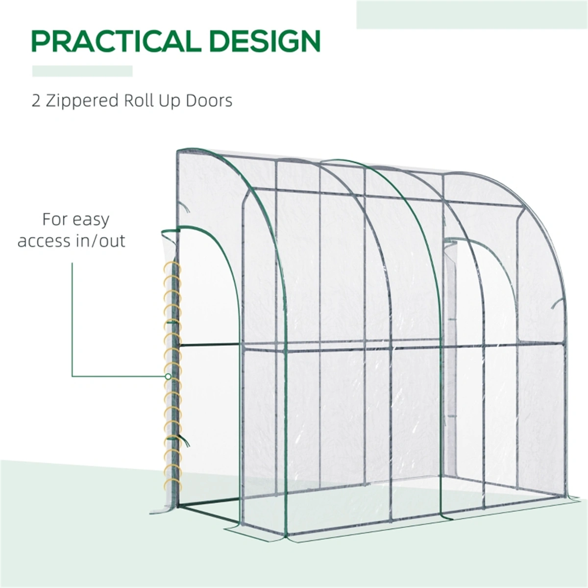 Walk-In Lean-To Greenhouse Tunnel, Wall-Mounted Polythene Green House with Zipper Door view 3