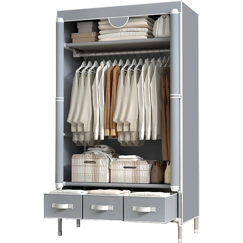 Portable Rolling Wardrobe Closet with Hanging Rail, 3-Drawer Storage Organizer, Non-Woven Fabric, No-Tool Assembly, 35.4"x17.7"x67", Gray