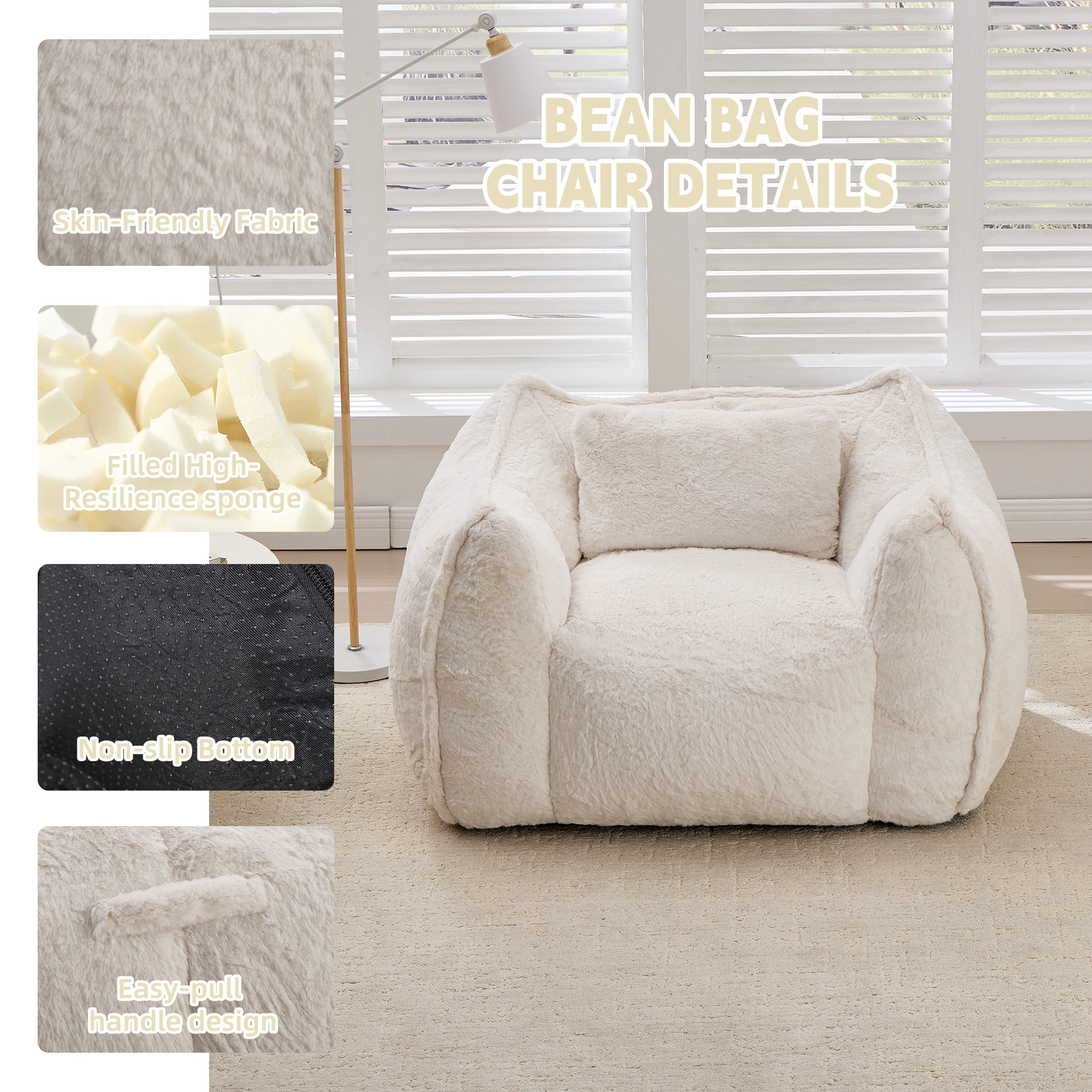 Giant Faux Fur Bean Bag Chair with Pillow,Large Floor Sofa Comfy Seating for Living Room Bedroom,No Assembly Required Beige view 4