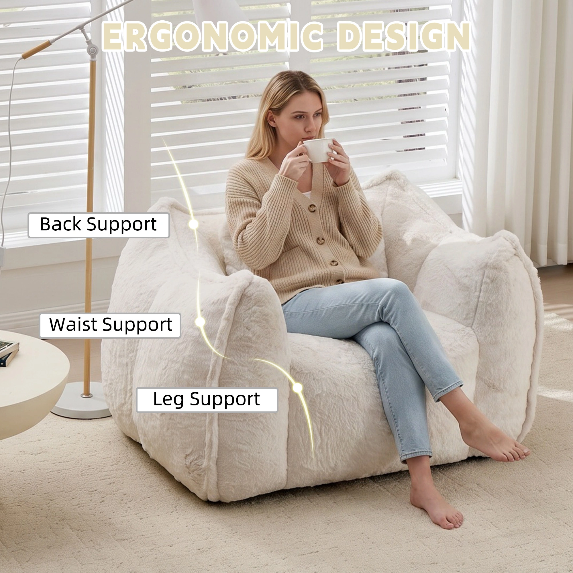 Giant Faux Fur Bean Bag Chair with Pillow,Large Floor Sofa Comfy Seating for Living Room Bedroom,No Assembly Required Beige view 5