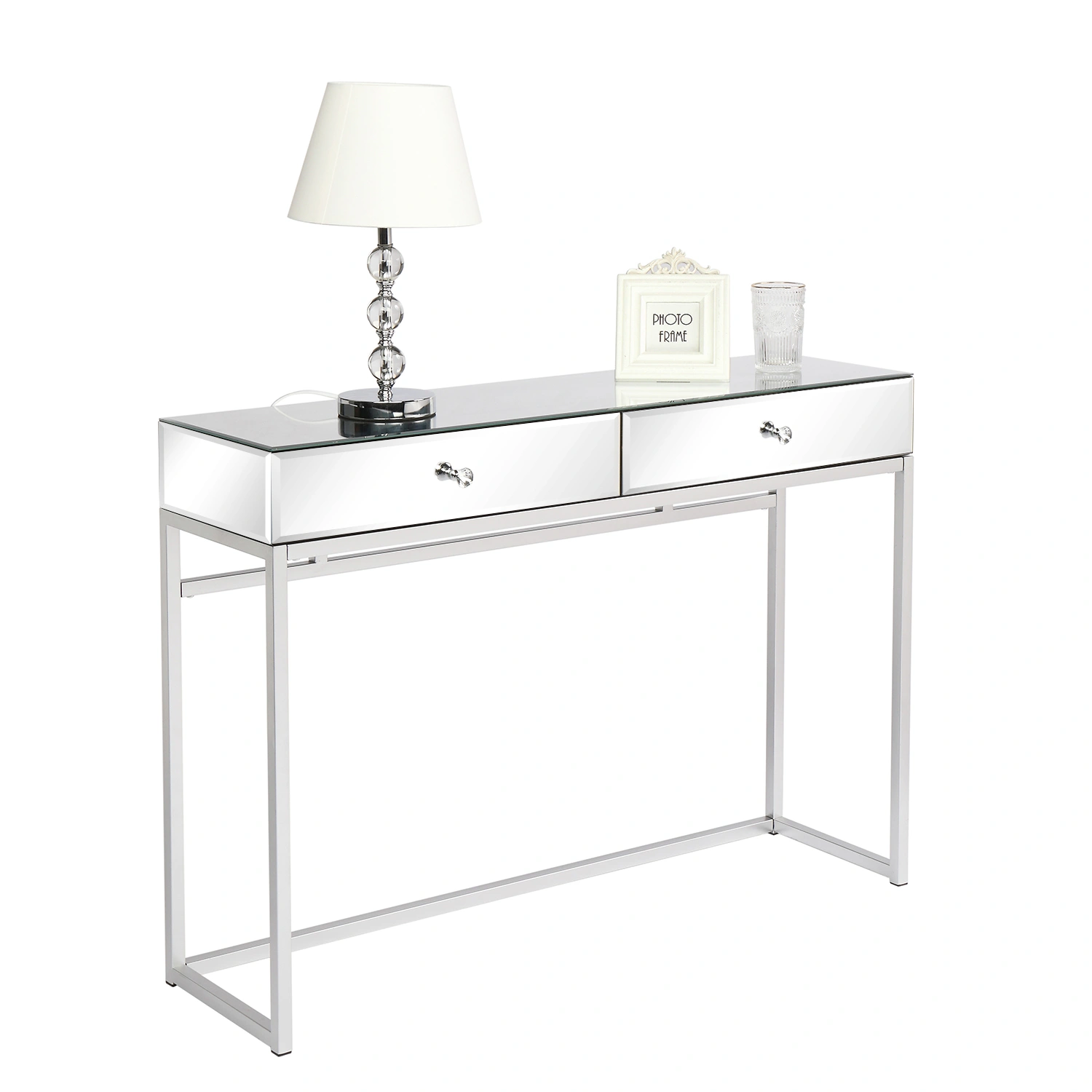 Modern MDF Computer Desk with Mirror Panel, 2 Drawers, Iron Frame, 107 x 30.6 x 76 cm, Silver Office Writing Table view 2