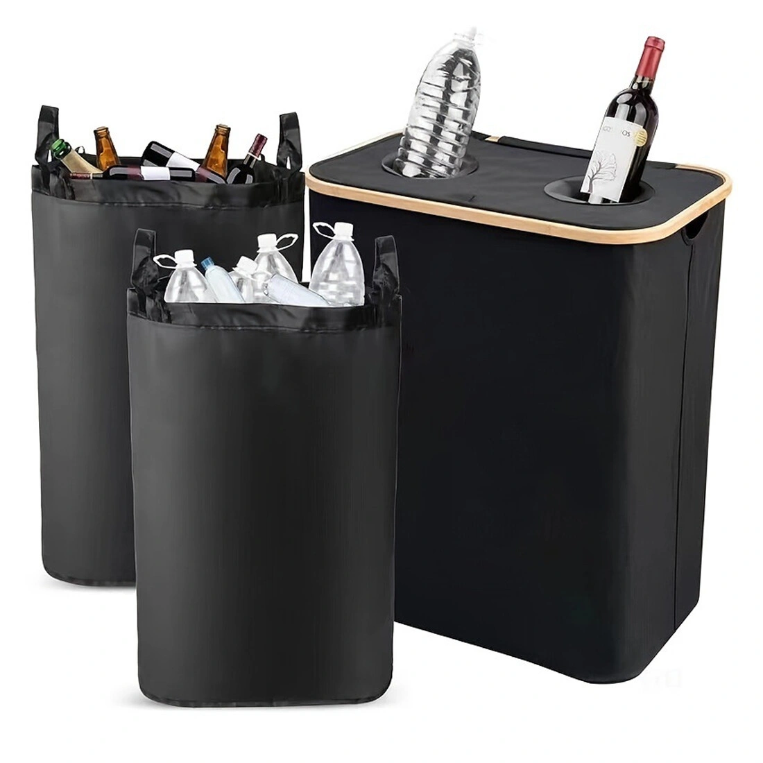 140L Recycling Bottle Storage Container with Carrying Bag, 2 Compartments Deposit Collection Bin view 2