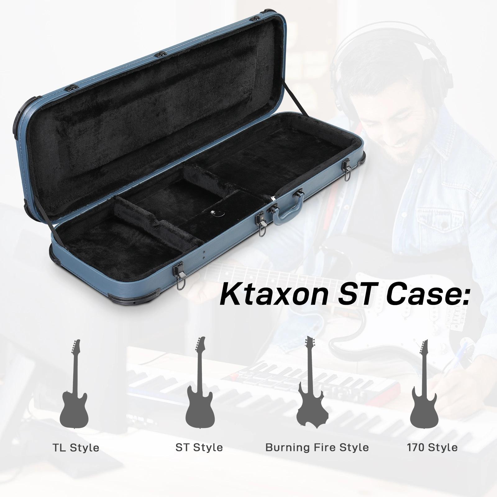 Electric Guitar Square PU Hard Case with Protective Sleeve Fits ST TL Burning fire 170 Style Electric Guitar Blue view 13