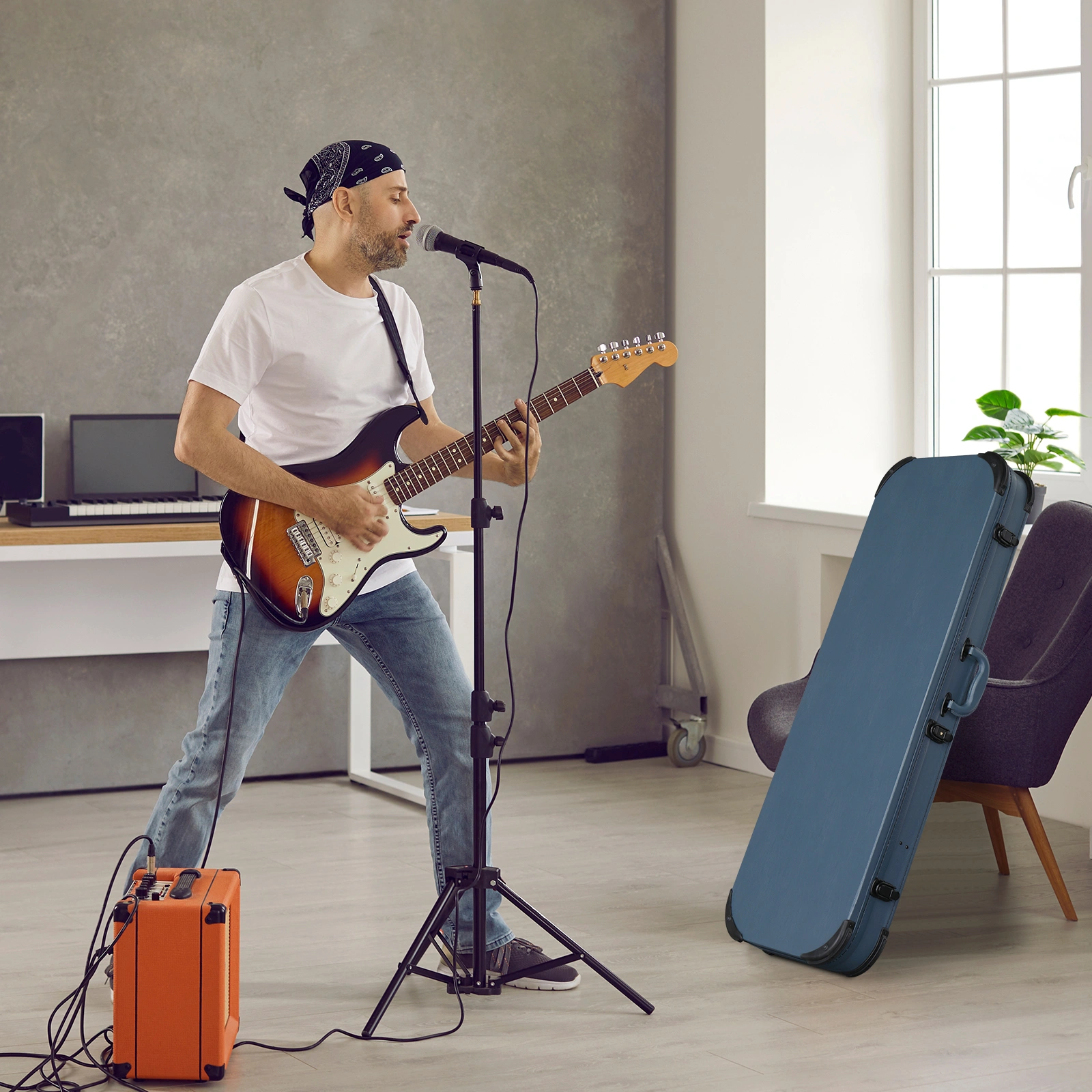 Electric Guitar Square PU Hard Case with Protective Sleeve Fits ST TL Burning fire 170 Style Electric Guitar Blue view 6