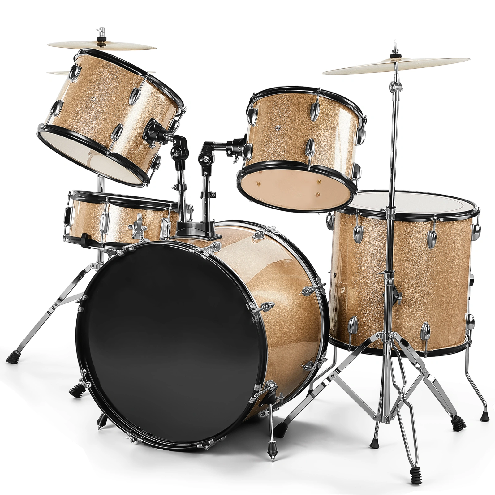 Full Size Adult Drum Set 5-Piece Champagne with Bass Drum, two Tom Drum, Snare Drum, Floor Tom, 16" Ride Cymbal, 14" Hi-hat Cymbals, Stool, Drum Pedal, Sticks