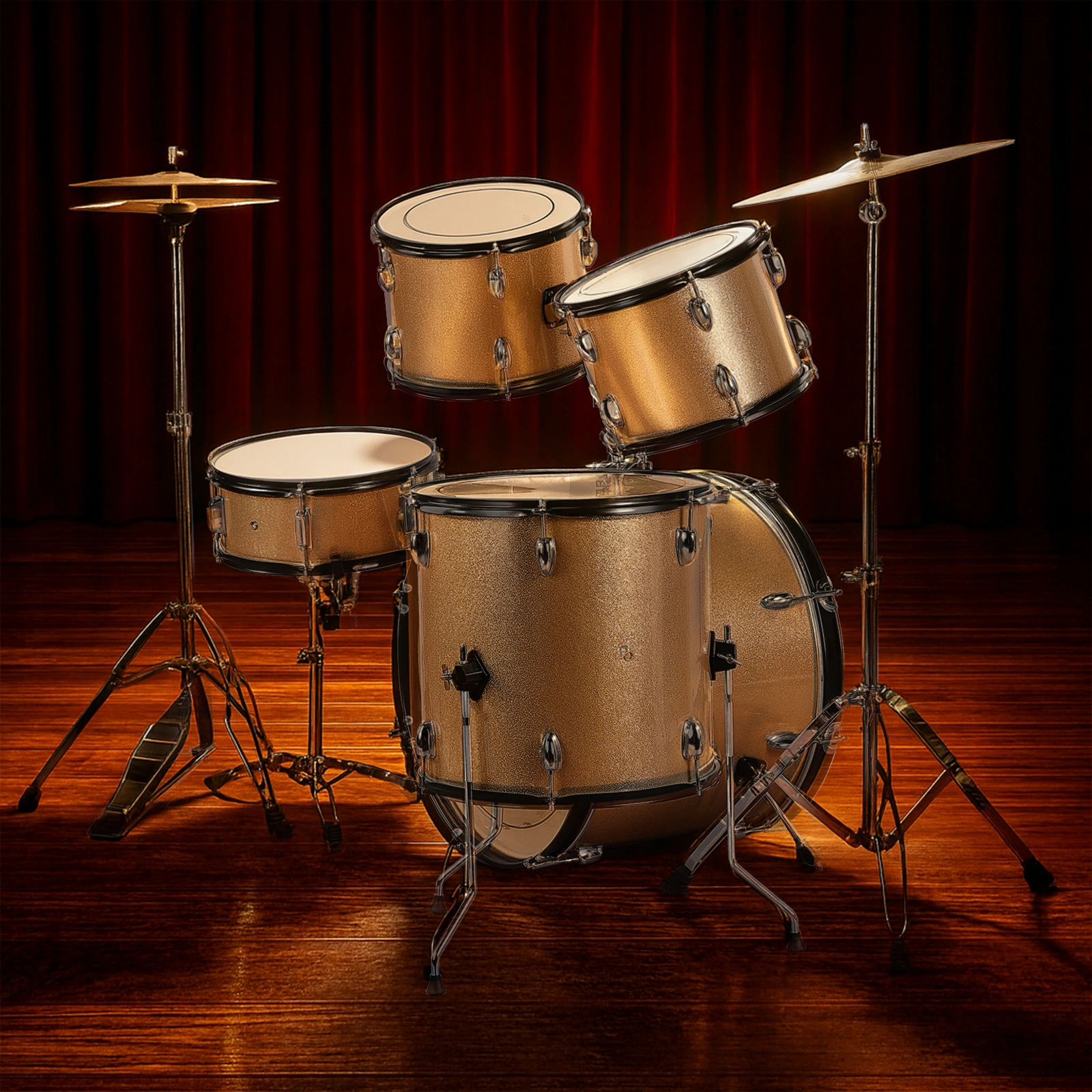 Full Size Adult Drum Set 5-Piece Champagne with Bass Drum, two Tom Drum, Snare Drum, Floor Tom, 16" Ride Cymbal, 14" Hi-hat Cymbals, Stool, Drum Pedal, Sticks view 10