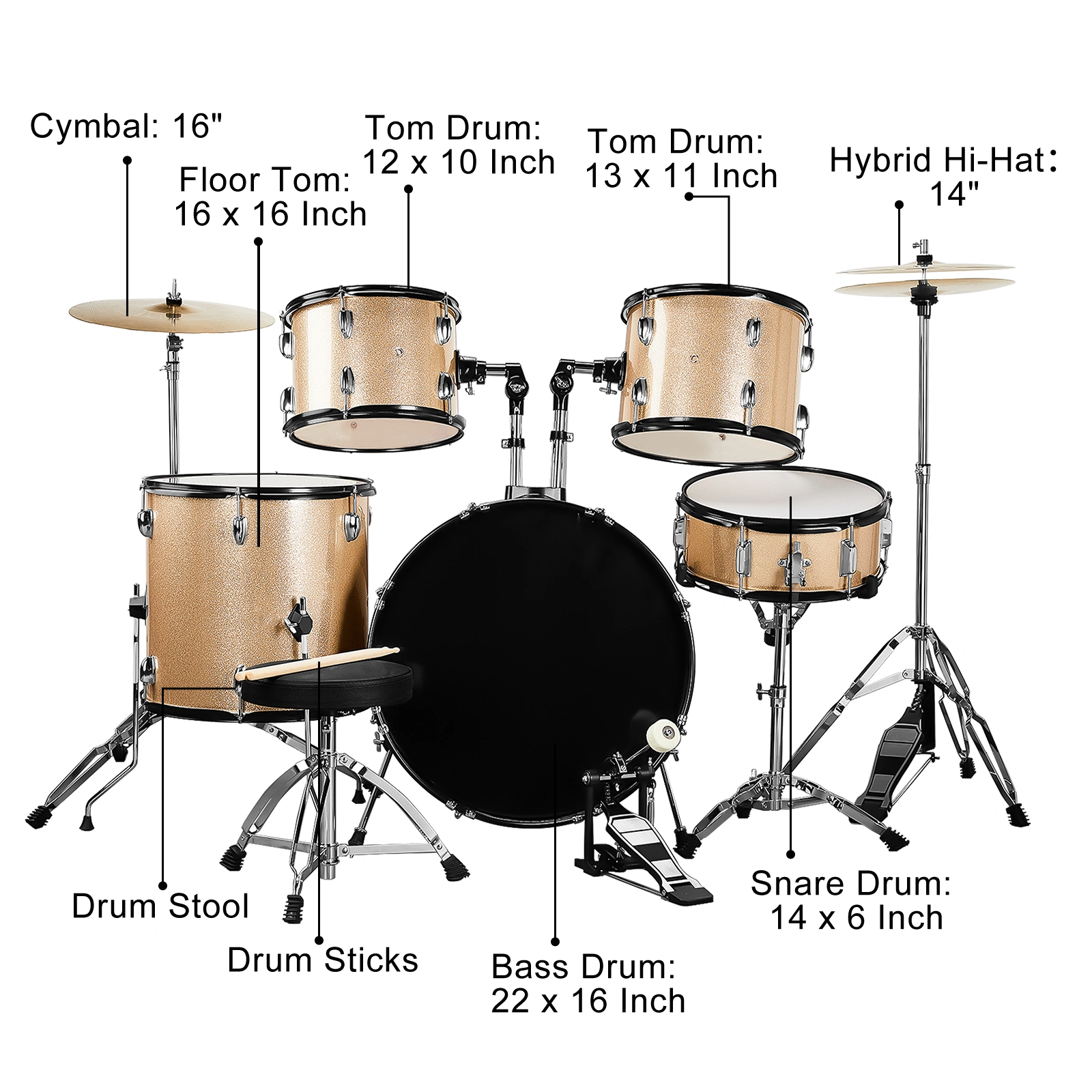 Full Size Adult Drum Set 5-Piece Champagne with Bass Drum, two Tom Drum, Snare Drum, Floor Tom, 16" Ride Cymbal, 14" Hi-hat Cymbals, Stool, Drum Pedal, Sticks view 11
