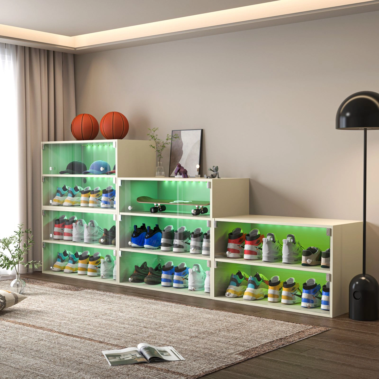 Off white Glass Door Shoe Box Shoe Storage Cabinet For Sneakers With RGB Led Light (1 Piece box) view 3