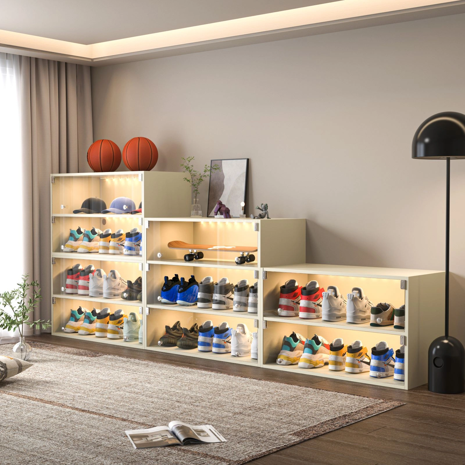 Off white Glass Door Shoe Box Shoe Storage Cabinet For Sneakers With RGB Led Light (1 Piece box) view 4