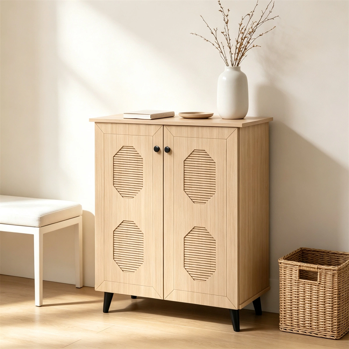Closed Entryway Shoe Storage Cabinet, Natural Finish Engineered Wood Narrow Shoe Organizer Cabinet with Anti‑Toppling Device, Multi‑Shelf Hidden Shoe Rack for Hallway Foyer Apartment Compact Space view 4