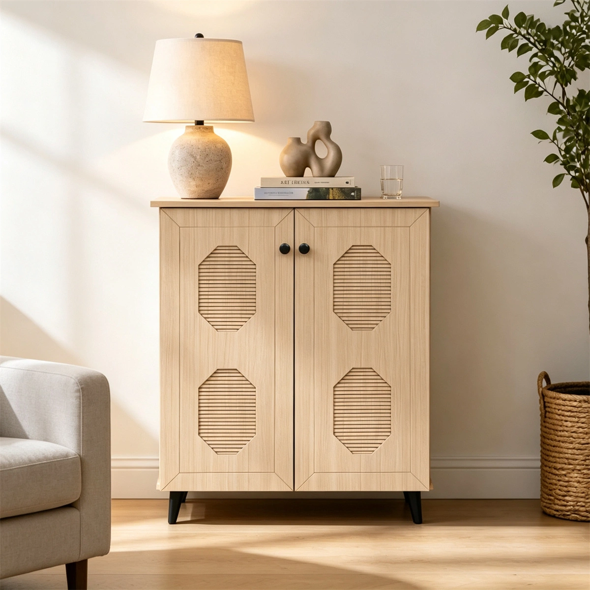 Closed Entryway Shoe Storage Cabinet, Natural Finish Engineered Wood Narrow Shoe Organizer Cabinet with Anti‑Toppling Device, Multi‑Shelf Hidden Shoe Rack for Hallway Foyer Apartment Compact Space view 7