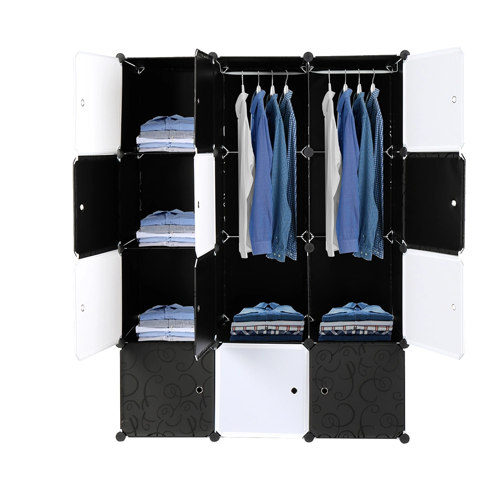 12-Cube Organizer Stackable Plastic Storage Shelves, Modular Closet Cabinet with Hanging Rod, Black & White