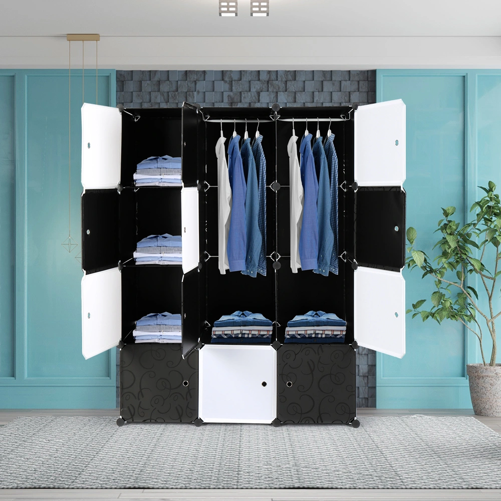 12-Cube Organizer Stackable Plastic Storage Shelves, Modular Closet Cabinet with Hanging Rod, Black & White view 3