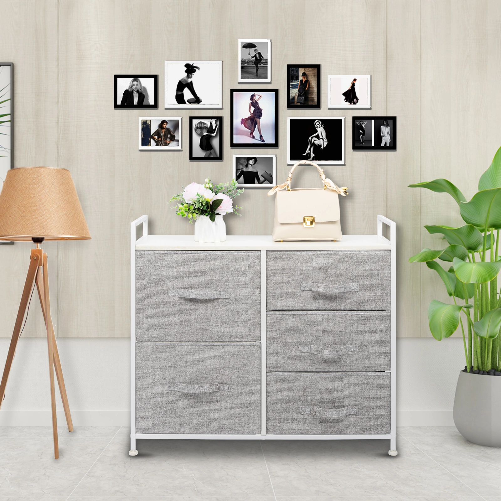 3-Tier Non-Woven Storage Cabinet with 2 Large & 3 Small Compartments | Solid Wood Handles | Iron Frame Wooden Board 83x30x77cm | White Panel Light Gray Drawer White Frame N001