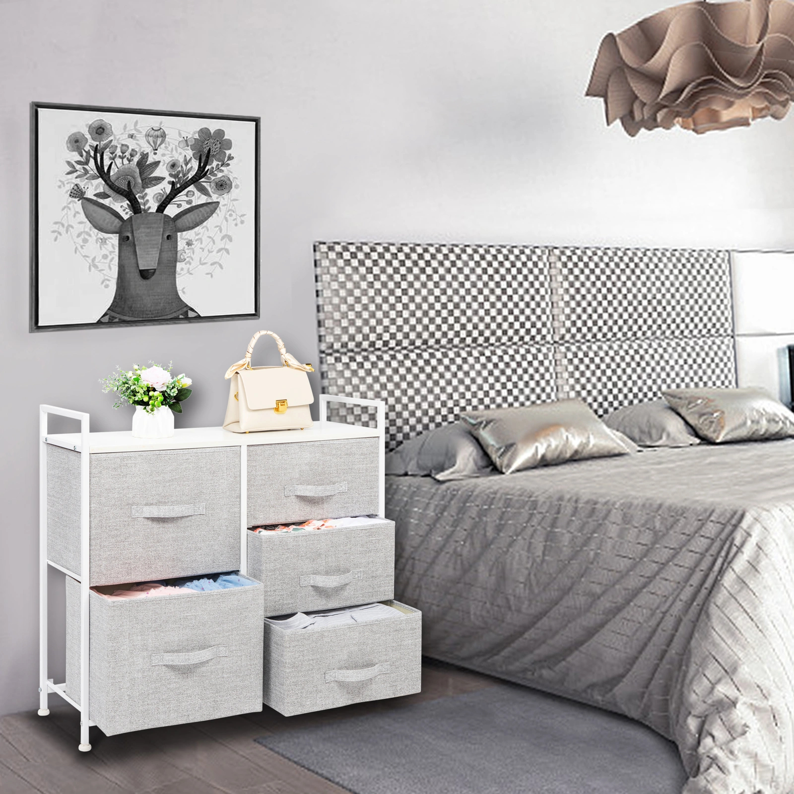 3-Tier Non-Woven Storage Cabinet with 2 Large & 3 Small Compartments | Solid Wood Handles | Iron Frame Wooden Board 83x30x77cm | White Panel Light Gray Drawer White Frame N001 view 2
