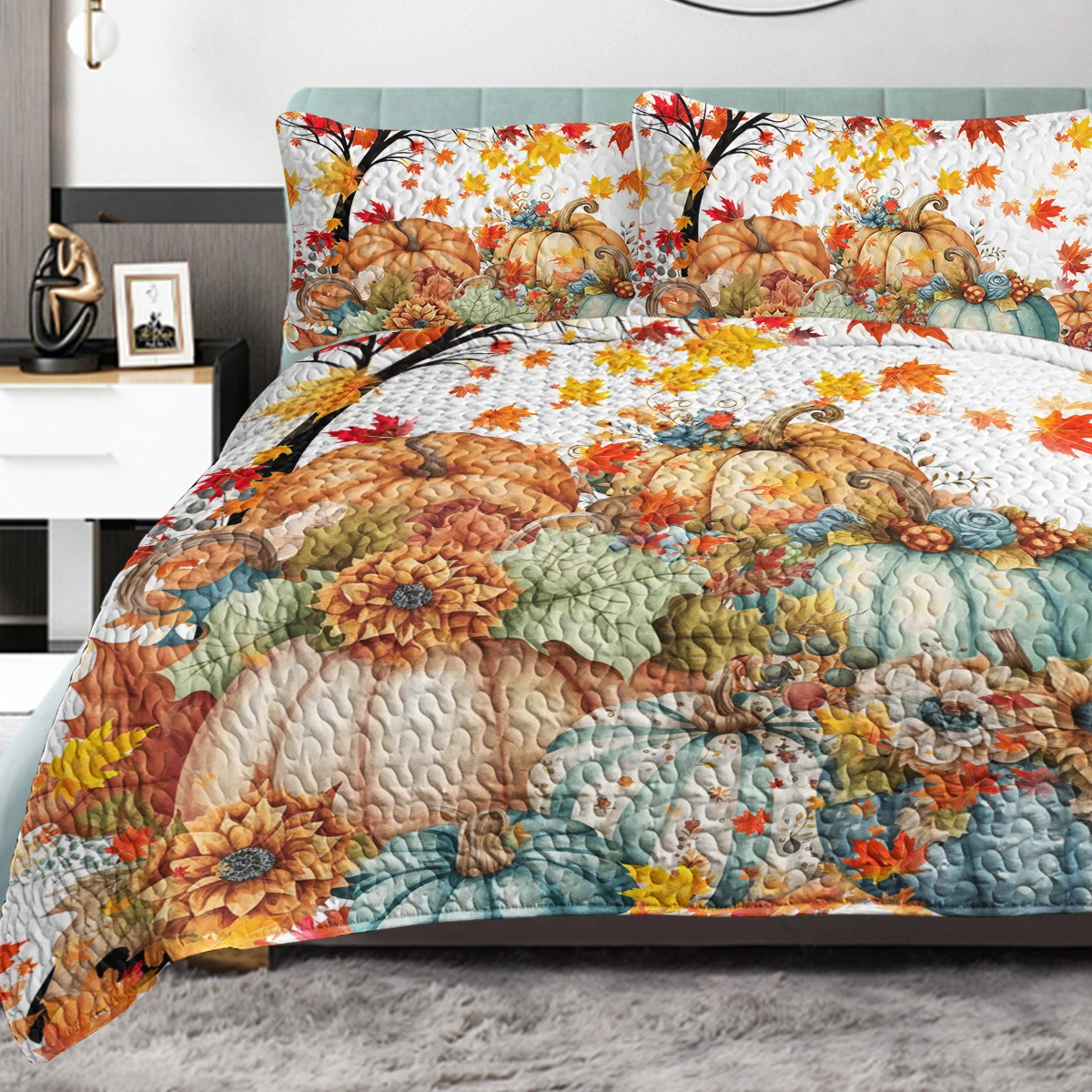 3PCS Colorful Oil Painting Pumpkin Pattern Quilt Set King Size for All Seasons Flower Fall Leaves Bedding Set with 2 Pillowcases for Kids Adults Thanksgiving Day Gifts(temu is self-pickup only)