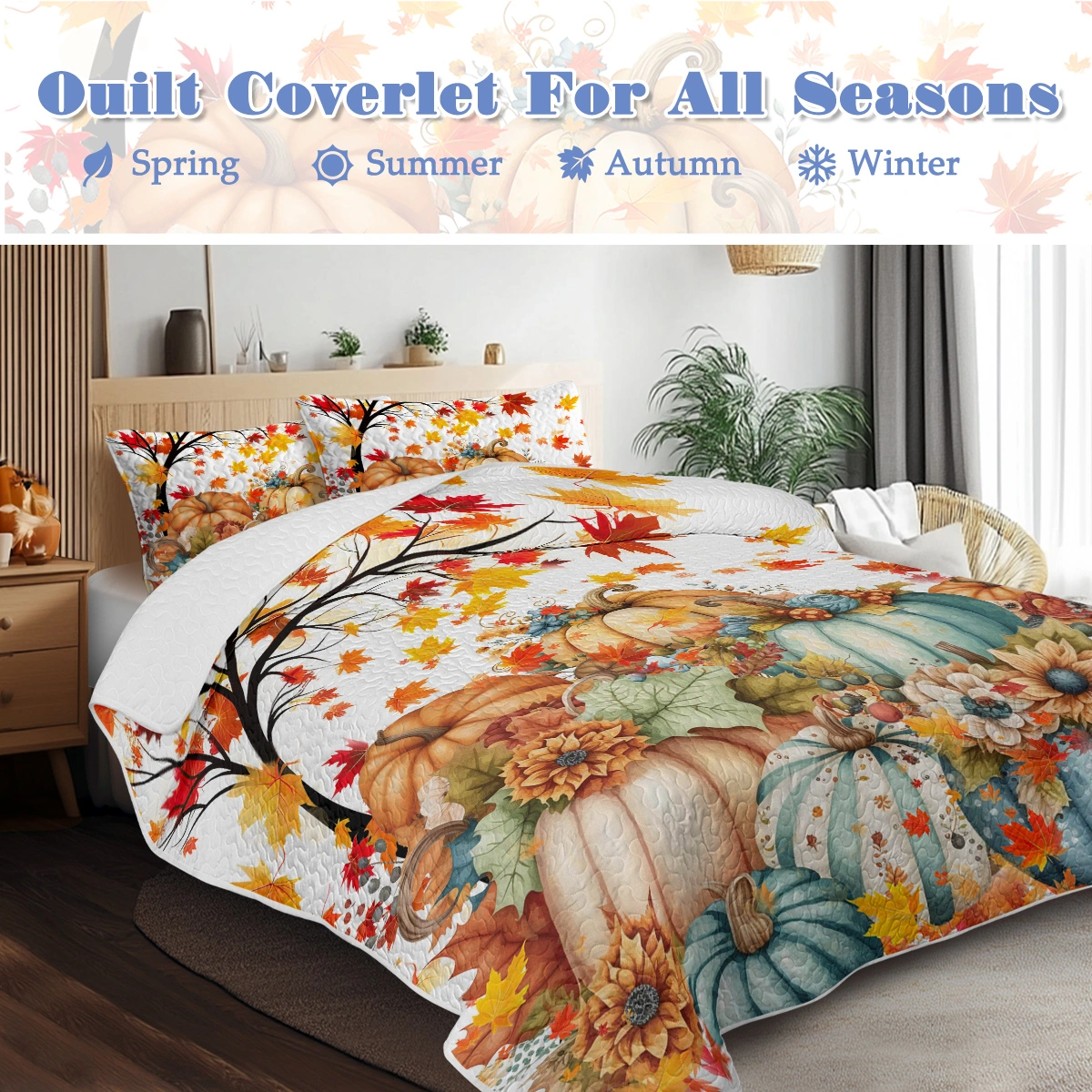 3PCS Colorful Oil Painting Pumpkin Pattern Quilt Set King Size for All Seasons Flower Fall Leaves Bedding Set with 2 Pillowcases for Kids Adults Thanksgiving Day Gifts(temu is self-pickup only) view 2
