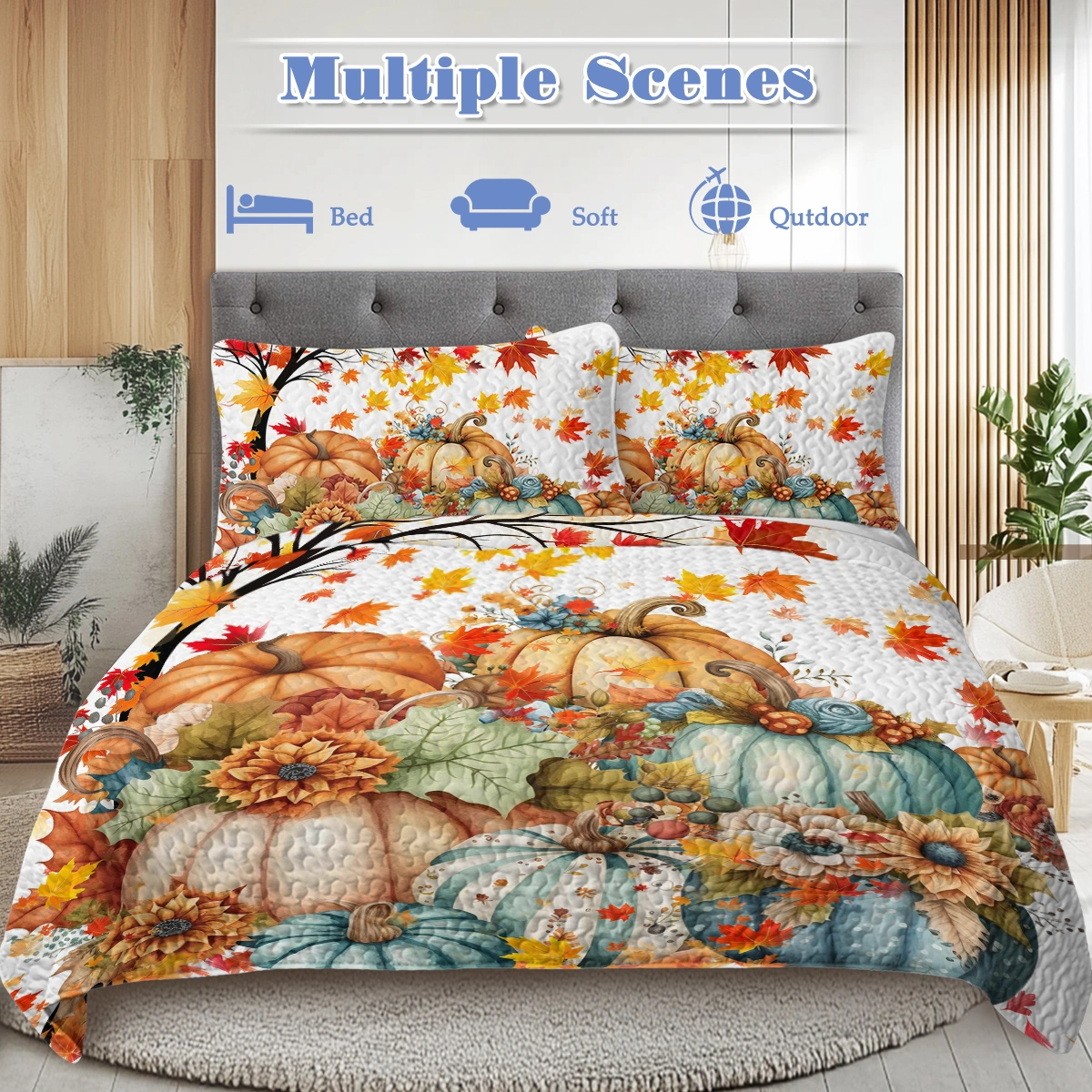 3PCS Colorful Oil Painting Pumpkin Pattern Quilt Set King Size for All Seasons Flower Fall Leaves Bedding Set with 2 Pillowcases for Kids Adults Thanksgiving Day Gifts(temu is self-pickup only) view 3