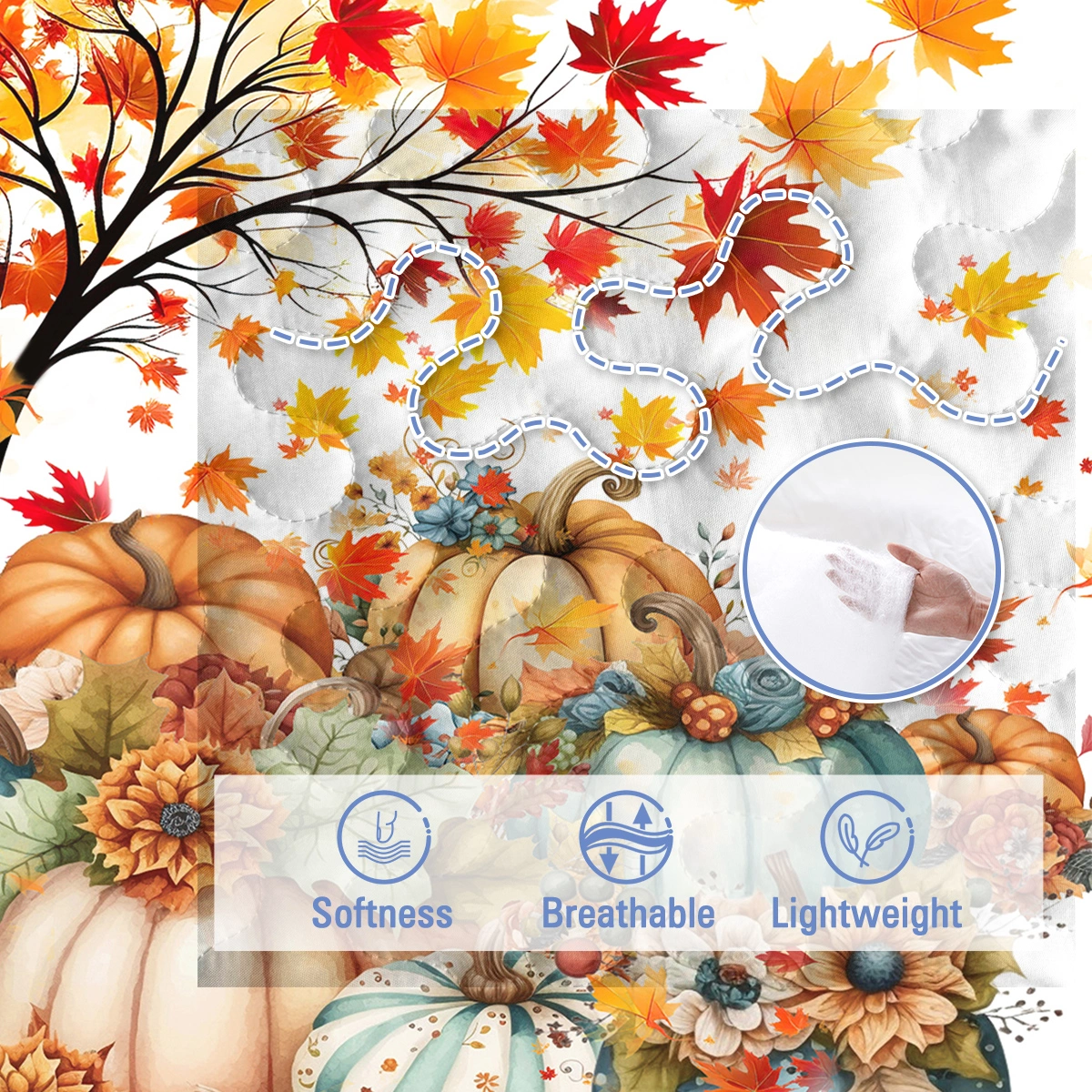 3PCS Colorful Oil Painting Pumpkin Pattern Quilt Set King Size for All Seasons Flower Fall Leaves Bedding Set with 2 Pillowcases for Kids Adults Thanksgiving Day Gifts(temu is self-pickup only) view 5