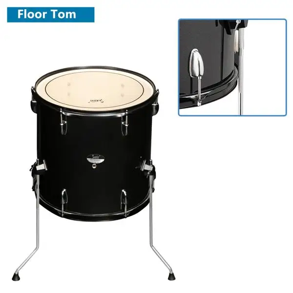 Full Size Adult Drum Set 5-Piece Black with Bass Drum, two Tom Drum, Snare Drum, Floor Tom, 16" Ride Cymbal, 14" Hi-hat Cymbals, Stool, Drum Pedal, Sticks view 3