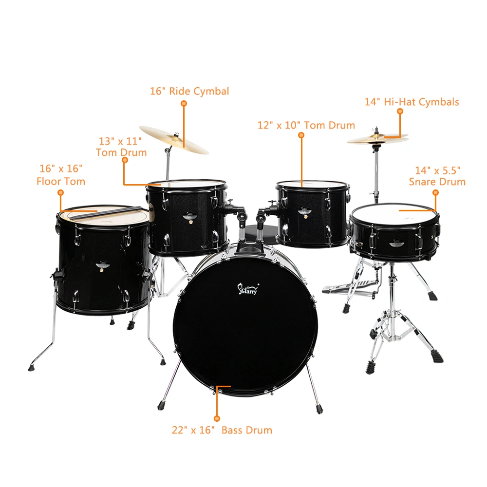 Full Size Adult Drum Set 5-Piece Black with Bass Drum, two Tom Drum, Snare Drum, Floor Tom, 16" Ride Cymbal, 14" Hi-hat Cymbals, Stool, Drum Pedal, Sticks view 37