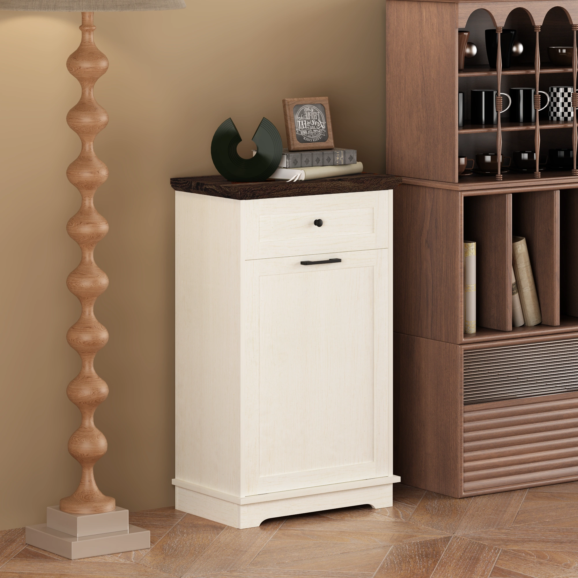 10 Gallon Tilt Out Trash Cabinet Freestanding Trash Bin Cabinet Wood Garbage Recycling Cabinet with Hideaway Drawer Pet Proof Trash Can Holder for Kitchen Living Room, Antique White (not include can)