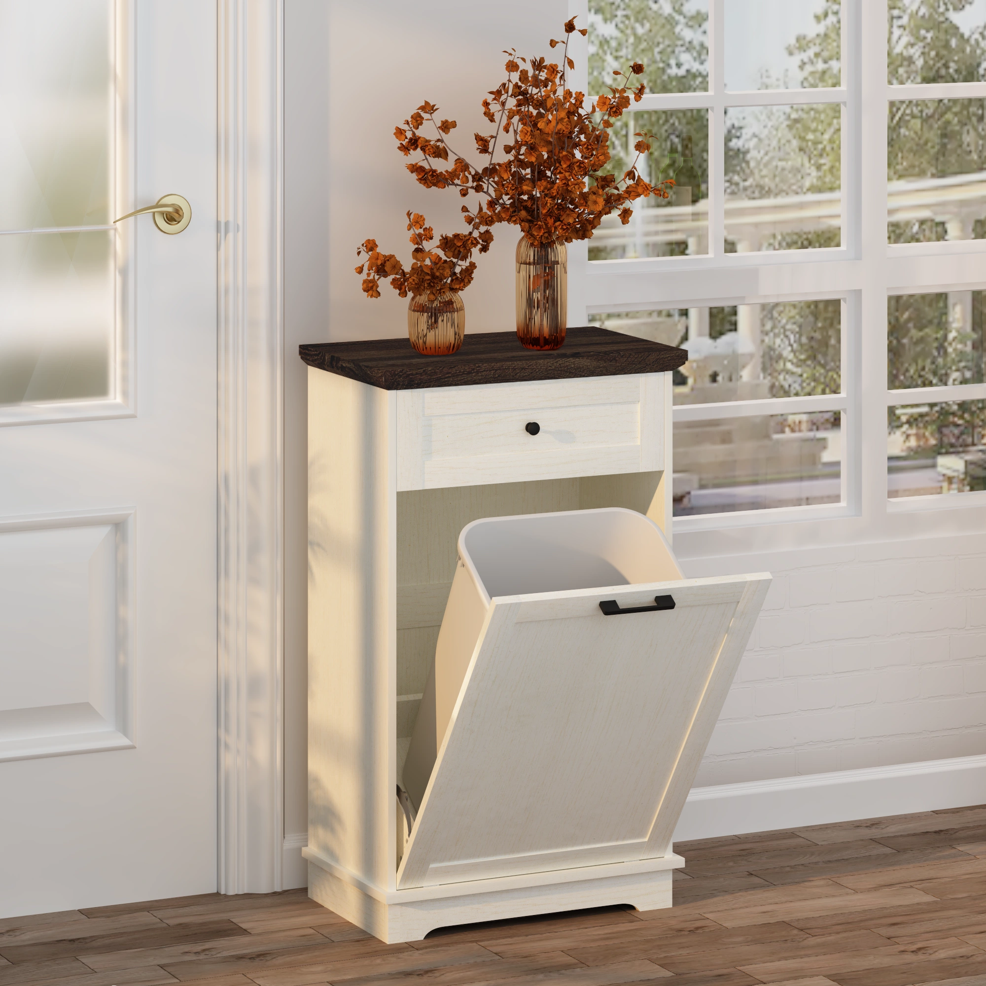 10 Gallon Tilt Out Trash Cabinet Freestanding Trash Bin Cabinet Wood Garbage Recycling Cabinet with Hideaway Drawer Pet Proof Trash Can Holder for Kitchen Living Room, Antique White (not include can) view 12