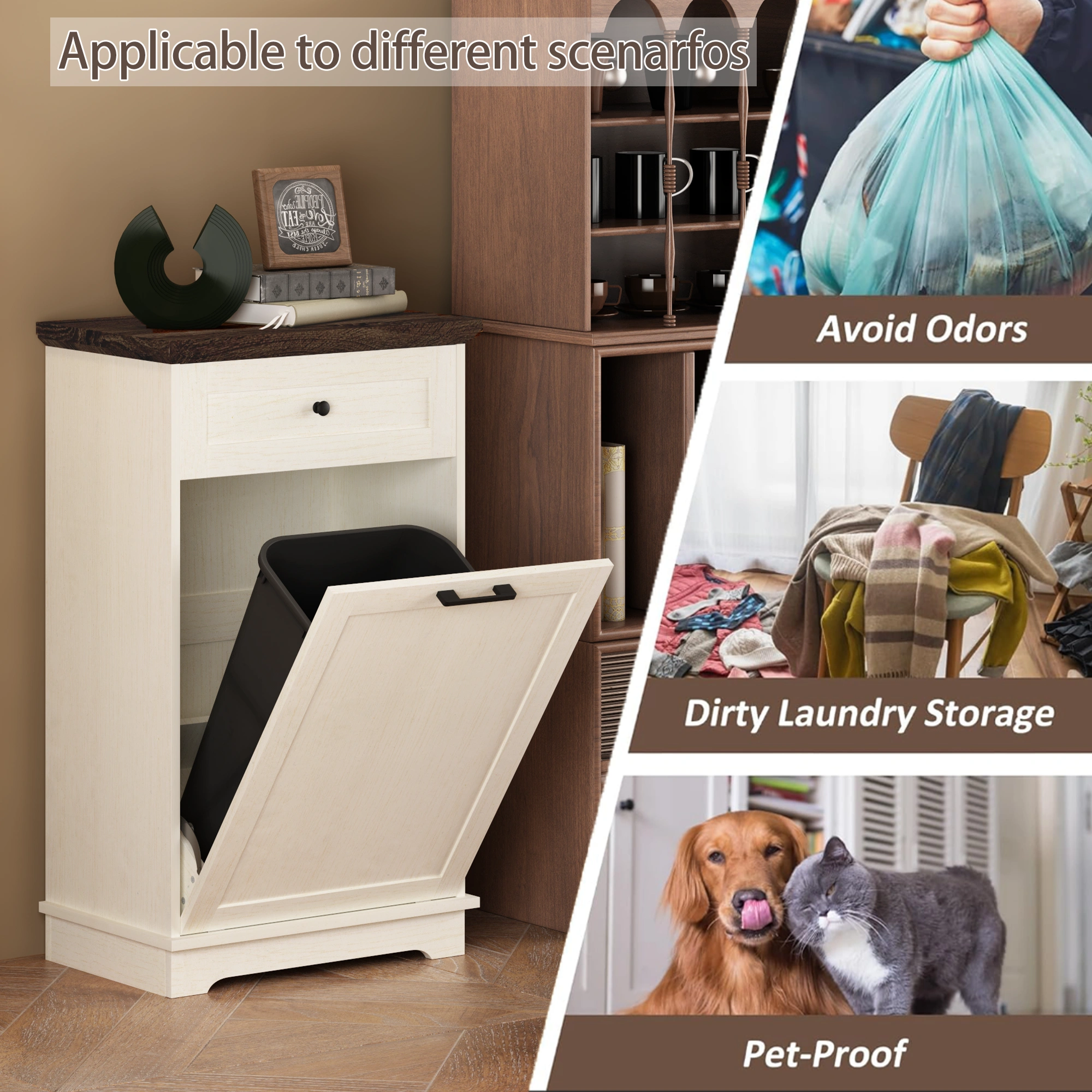 10 Gallon Tilt Out Trash Cabinet Freestanding Trash Bin Cabinet Wood Garbage Recycling Cabinet with Hideaway Drawer Pet Proof Trash Can Holder for Kitchen Living Room, Antique White (not include can) view 17