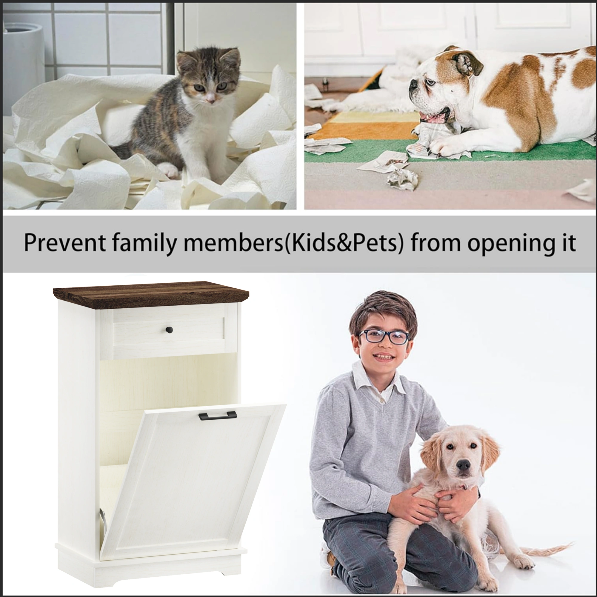 10 Gallon Tilt Out Trash Cabinet Freestanding Trash Bin Cabinet Wood Garbage Recycling Cabinet with Hideaway Drawer Pet Proof Trash Can Holder for Kitchen Living Room, Antique White (not include can) view 19