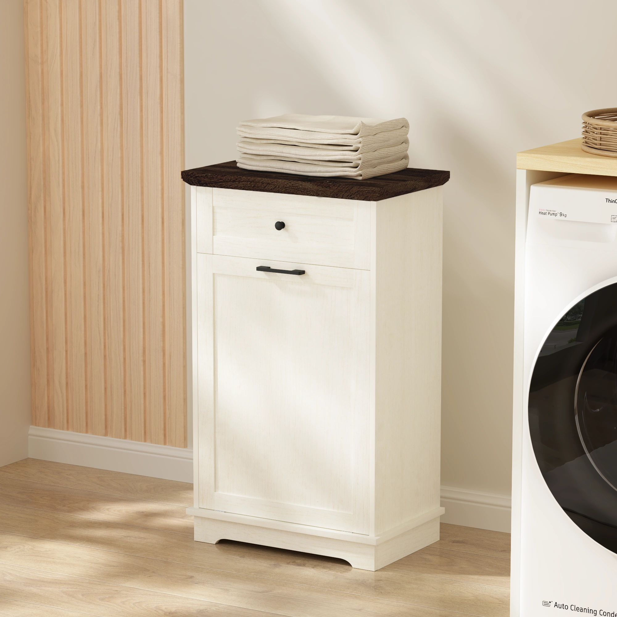 10 Gallon Tilt Out Trash Cabinet Freestanding Trash Bin Cabinet Wood Garbage Recycling Cabinet with Hideaway Drawer Pet Proof Trash Can Holder for Kitchen Living Room, Antique White (not include can) view 23